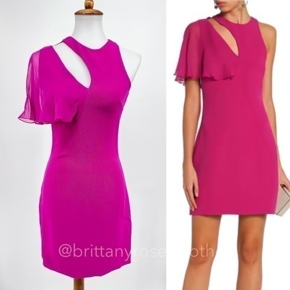 CUSHNIE ET OCHS Cutout-Neck Fitted Stretch Cady Cocktail Dress w/ Flutter Detail - Picture 1 of 8